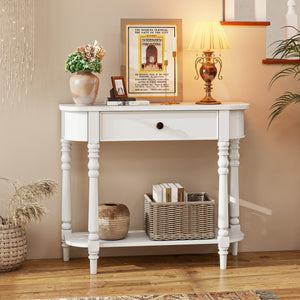 Retro Console Table 36"L Wooden 2-Tier Narrow Behind Couch Foyer Table-White