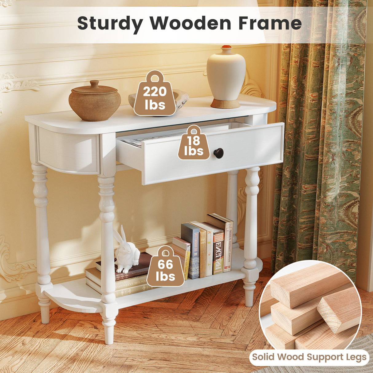 Retro Console Table 36"L Wooden 2-Tier Narrow Behind Couch Foyer Table-White