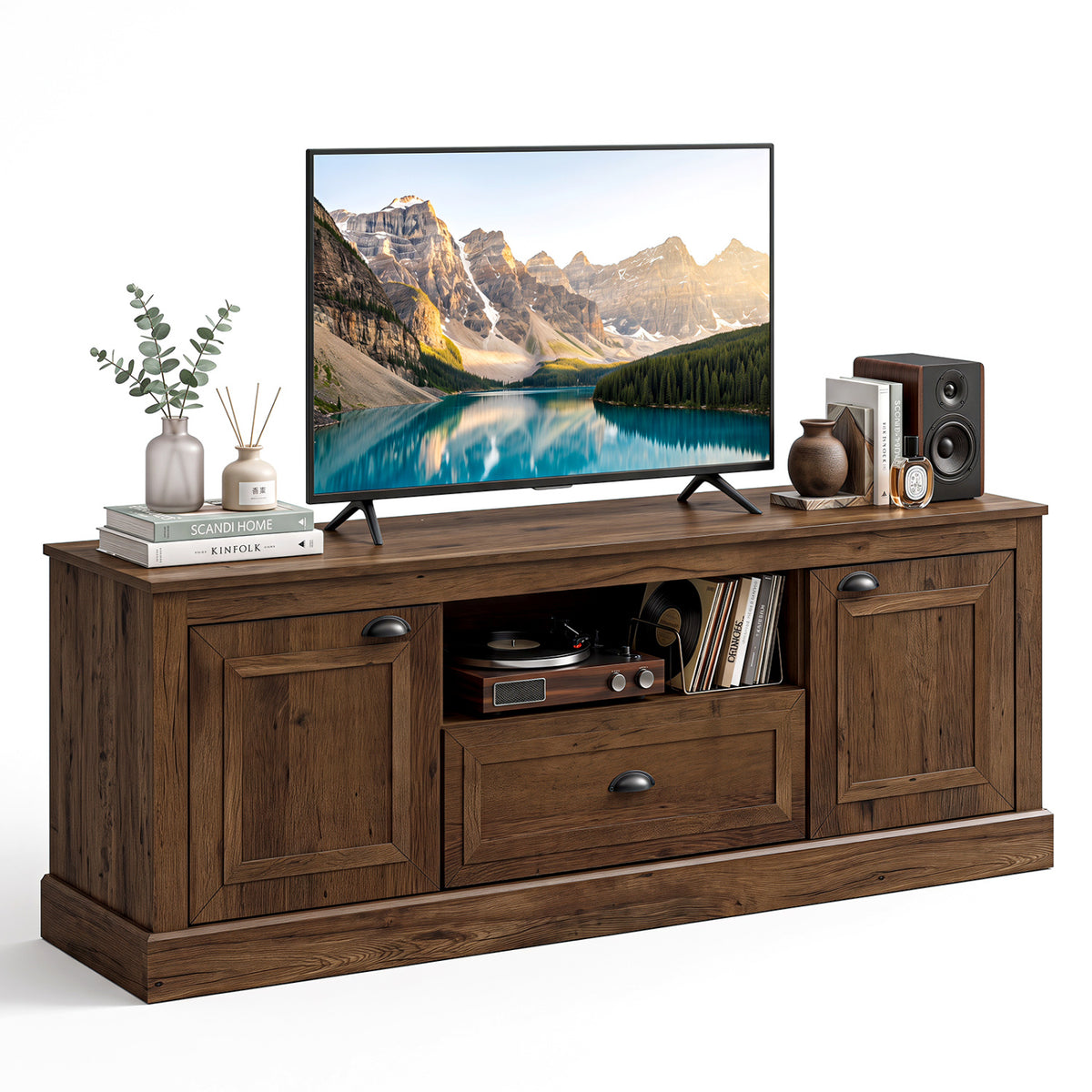 Retro Farmhouse TV Stand for 70" TVs with 2 Doors & Removable Shelves-Brown