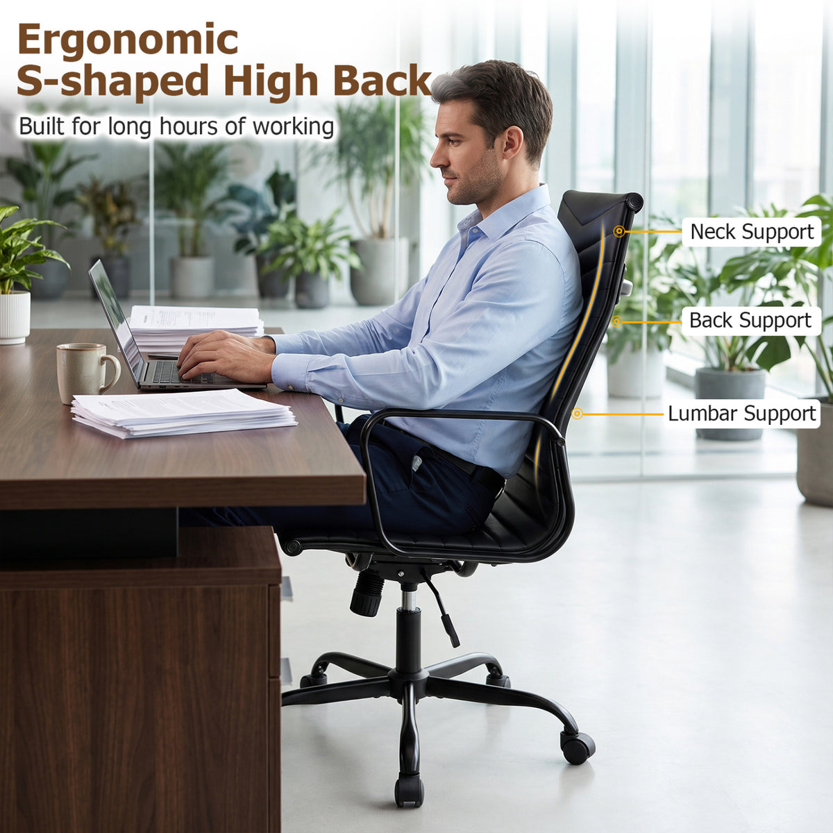 Ribbed Office Chair High Back PU Leather for Home Office with Adjustable Height-Black
