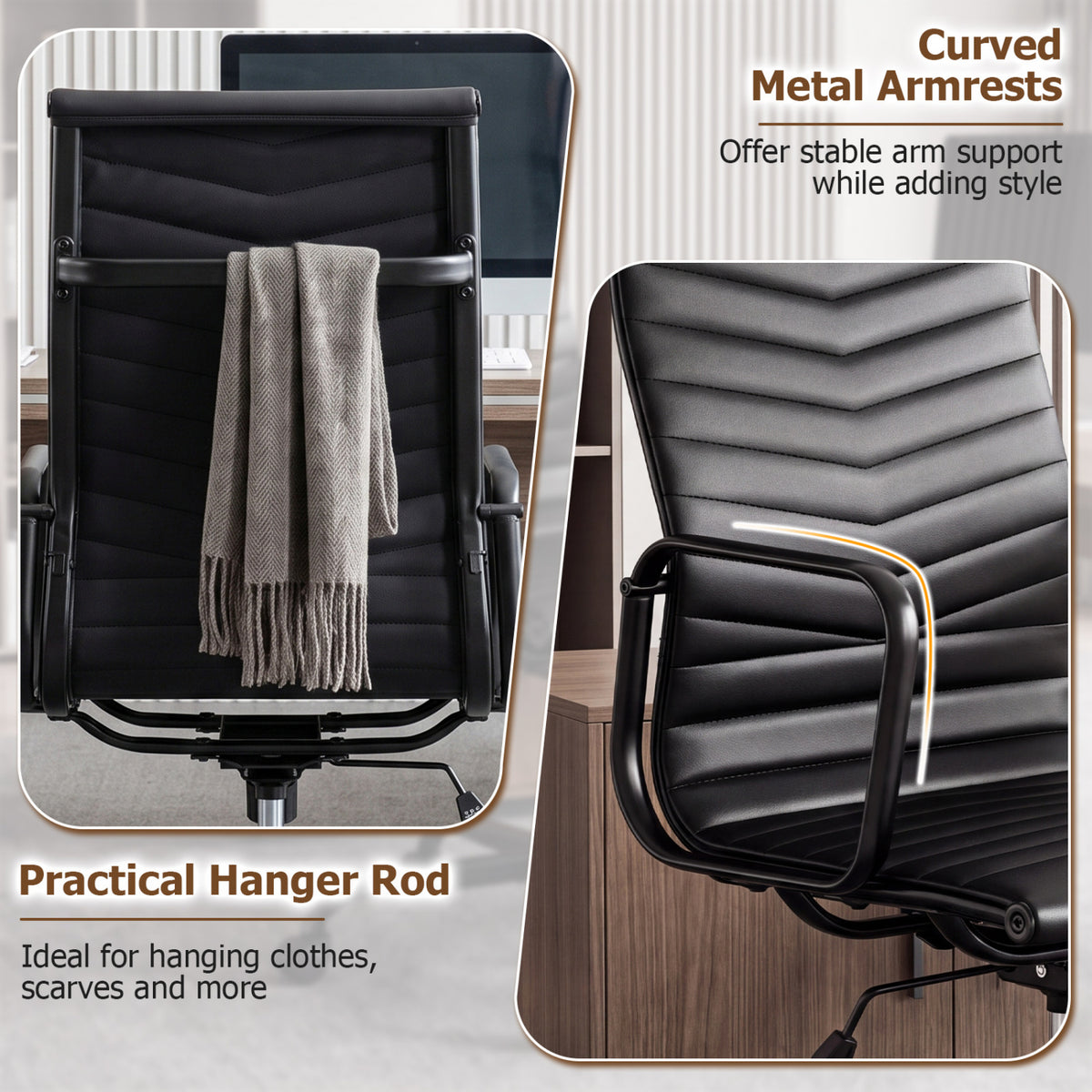 Ribbed Office Chair High Back PU Leather for Home Office with Adjustable Height-Black
