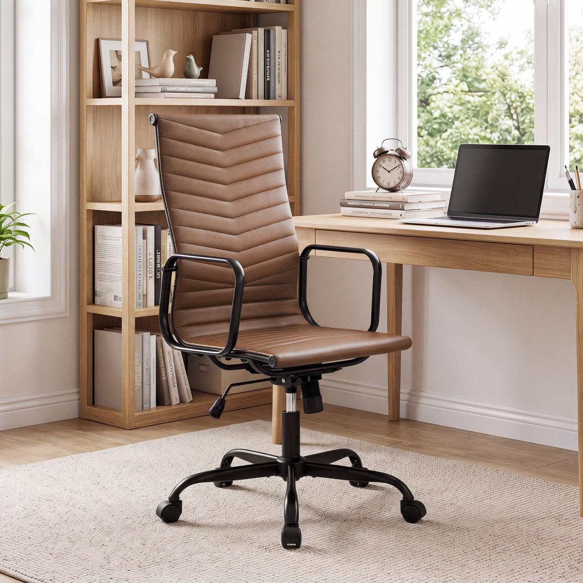 Ribbed Office Chair High Back PU Leather for Home Office with Adjustable Height-Brown