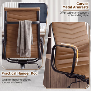 Ribbed Office Chair High Back PU Leather for Home Office with Adjustable Height-Brown
