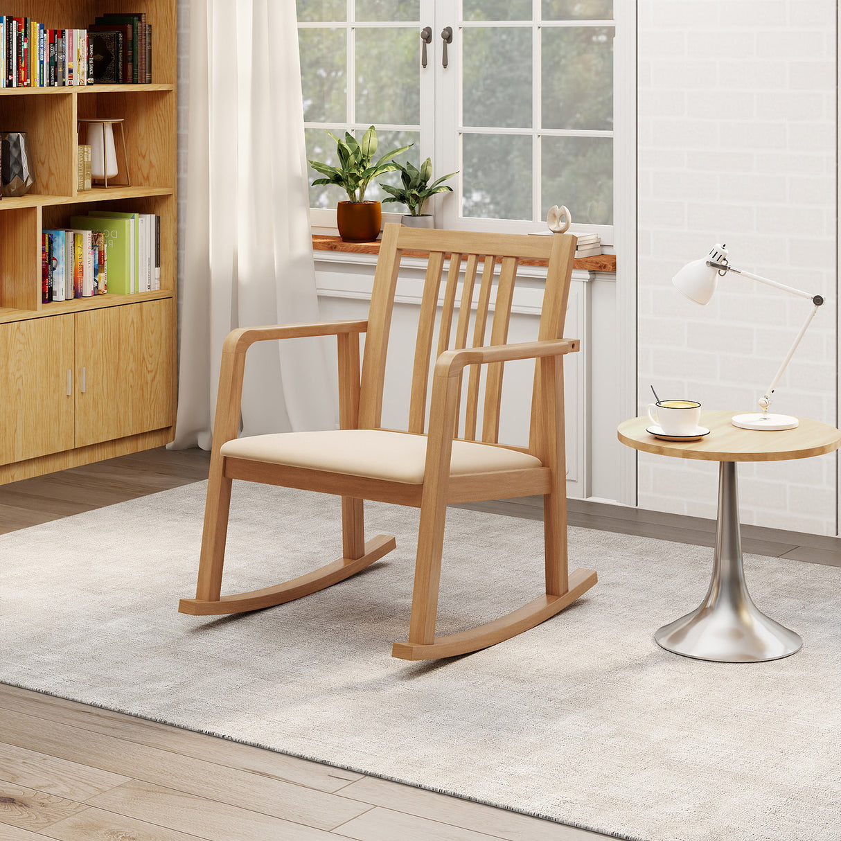 Rocking Chair with Slatted Back and Curved Armrests-Natural