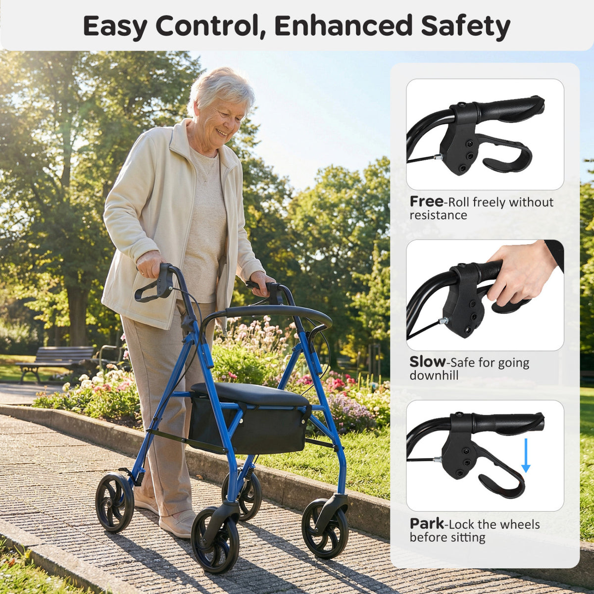 Rollator Walker with Seat and Height Adjustable Handles-Blue