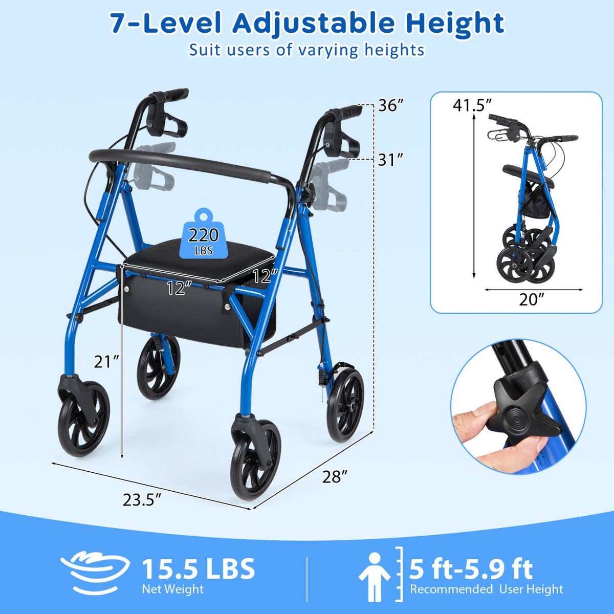 Rollator Walker with Seat and Height Adjustable Handles-Blue