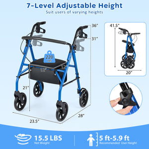 Rollator Walker with Seat and Height Adjustable Handles-Blue