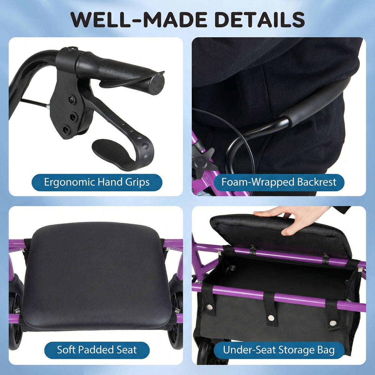 Rollator Walker with Seat and Height Adjustable Handles-Purple