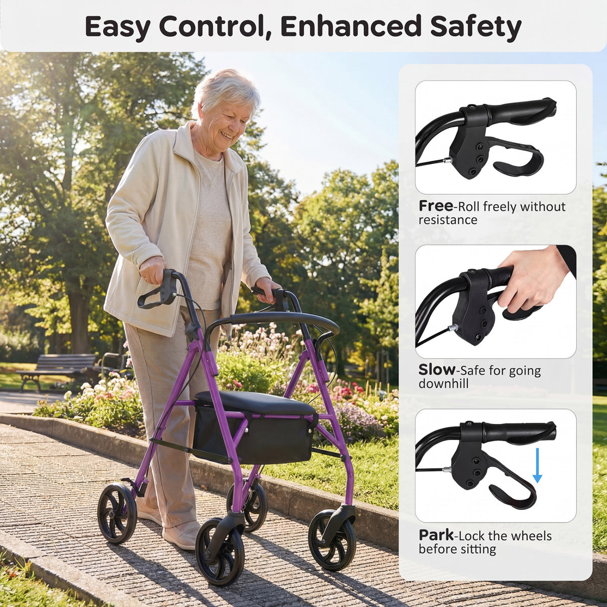 Rollator Walker with Seat and Height Adjustable Handles-Purple