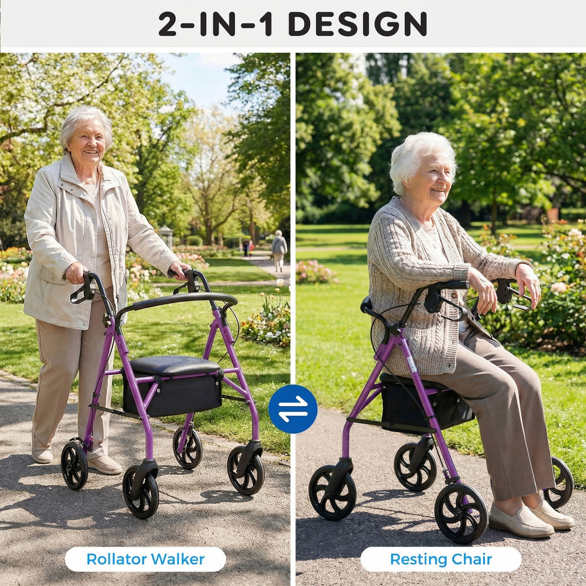 Rollator Walker with Seat and Height Adjustable Handles-Purple