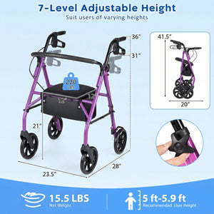Rollator Walker with Seat and Height Adjustable Handles-Purple