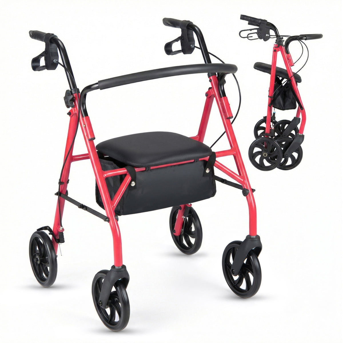 Rollator Walker with Seat and Height Adjustable Handles-Red