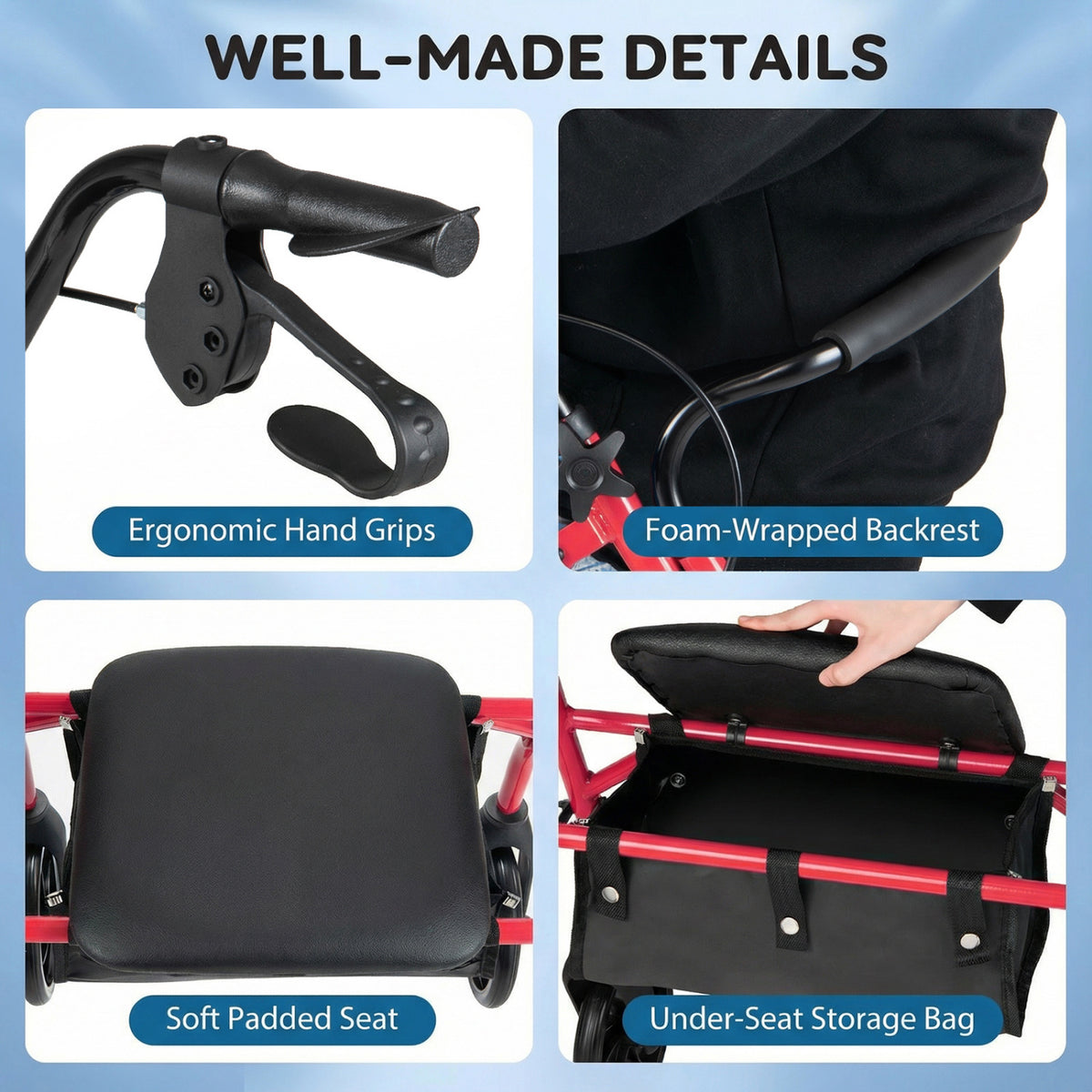 Rollator Walker with Seat and Height Adjustable Handles-Red