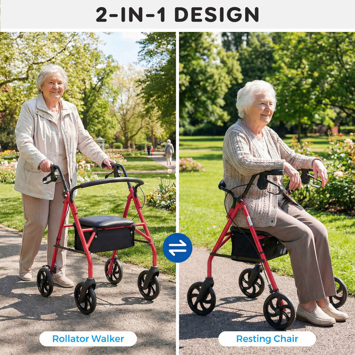 Rollator Walker with Seat and Height Adjustable Handles-Red