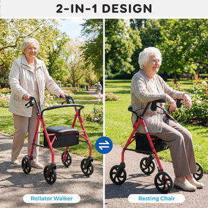 Rollator Walker with Seat and Height Adjustable Handles-Red