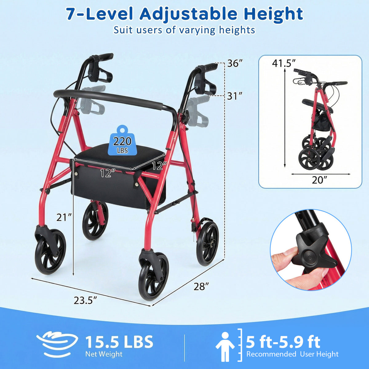 Rollator Walker with Seat and Height Adjustable Handles-Red