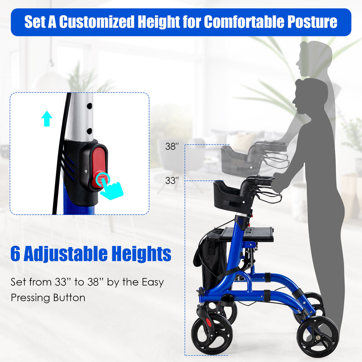 Folding Aluminum Rollator Walker with 8 inch Wheels and Seat-Blue