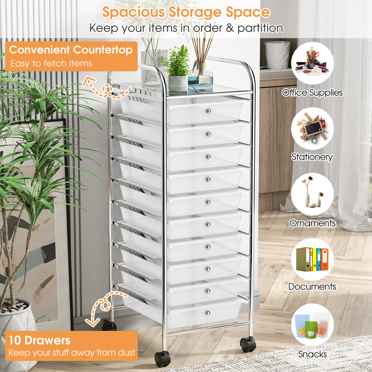 10 Drawer Rolling Storage Cart Organizer with 4 Universal Casters-Clear