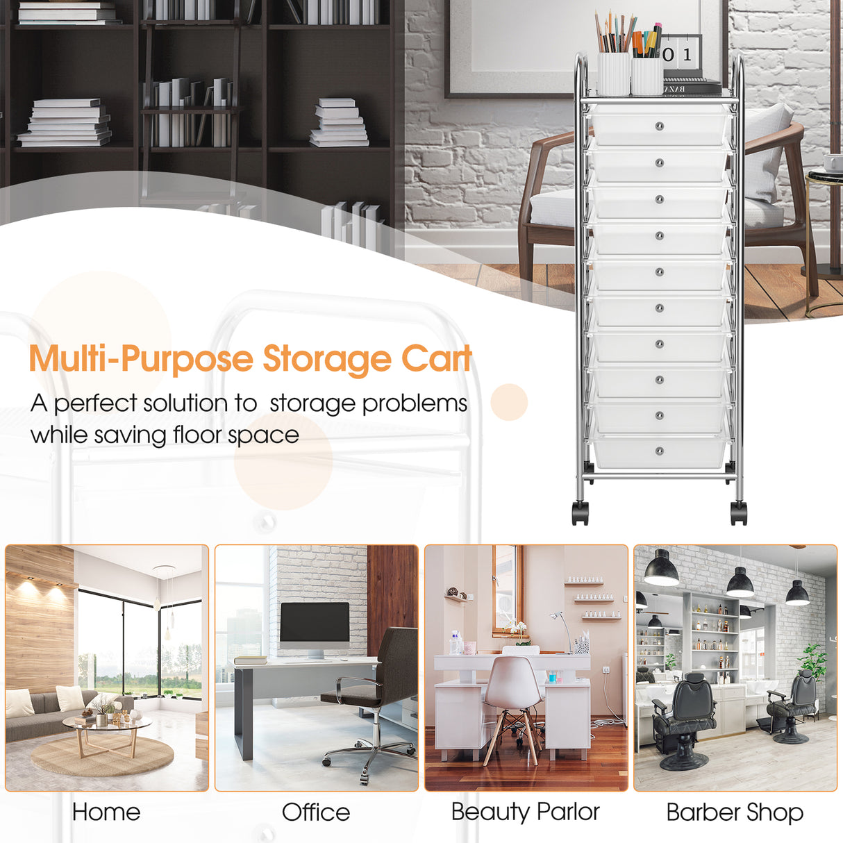 10 Drawer Rolling Storage Cart Organizer with 4 Universal Casters-Clear