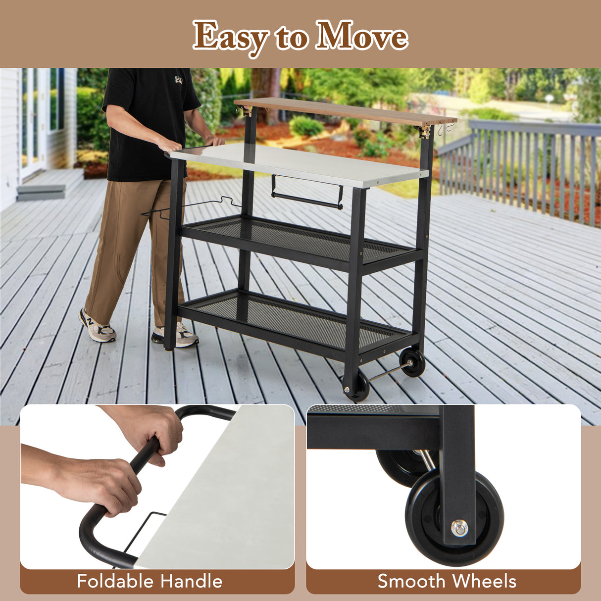Rolling Bar Cart with Flip-up Table and Hooks for Kitchen