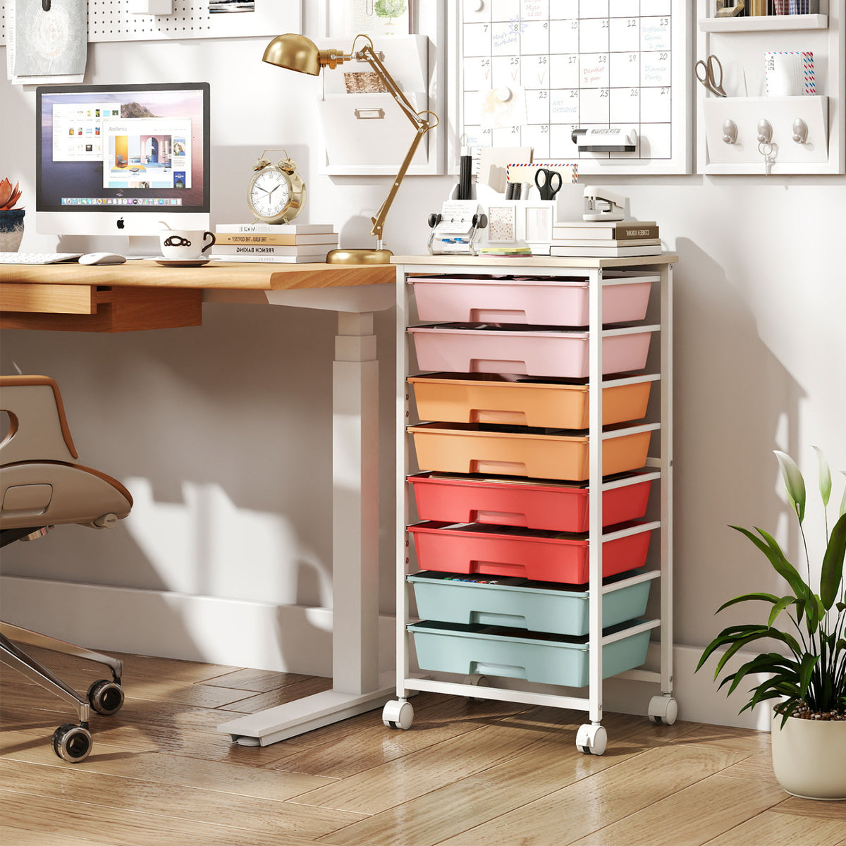 Rolling Cart with 8 Drawers and Wooden Tabletop with Lockable Wheels for Home Office-Macaron + Natural