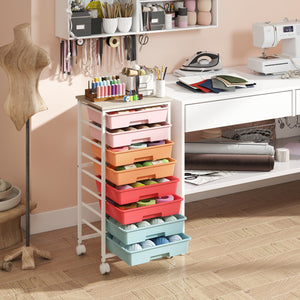 Rolling Cart with 8 Drawers and Wooden Tabletop with Lockable Wheels for Home Office-Macaron + Natural