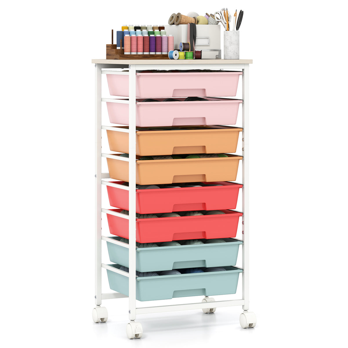 Rolling Cart with 8 Drawers and Wooden Tabletop with Lockable Wheels for Home Office-Macaron + Natural