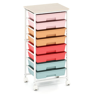 Rolling Cart with 8 Drawers and Wooden Tabletop with Lockable Wheels for Home Office-Macaron + Natural
