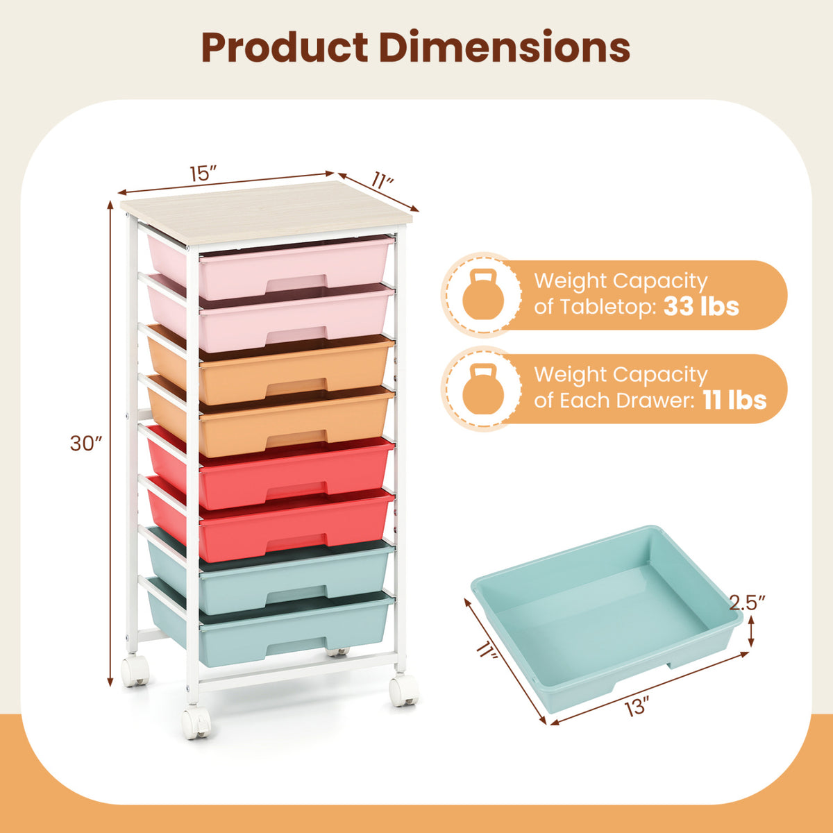 Rolling Cart with 8 Drawers and Wooden Tabletop with Lockable Wheels for Home Office-Macaron + Natural