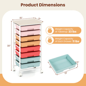 Rolling Cart with 8 Drawers and Wooden Tabletop with Lockable Wheels for Home Office-Macaron + Natural