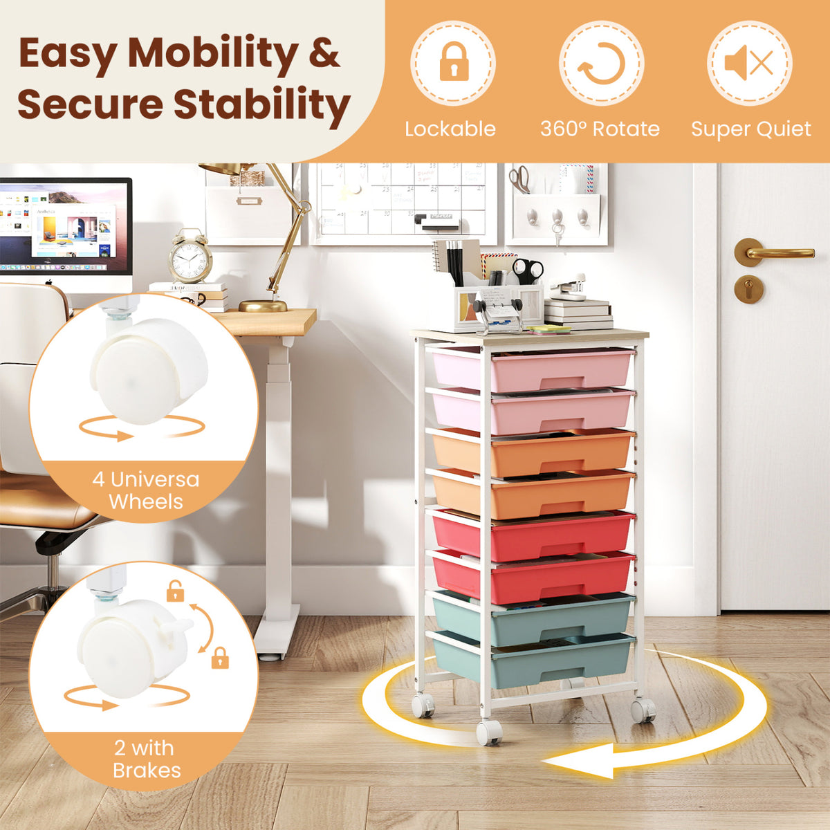 Rolling Cart with 8 Drawers and Wooden Tabletop with Lockable Wheels for Home Office-Macaron + Natural