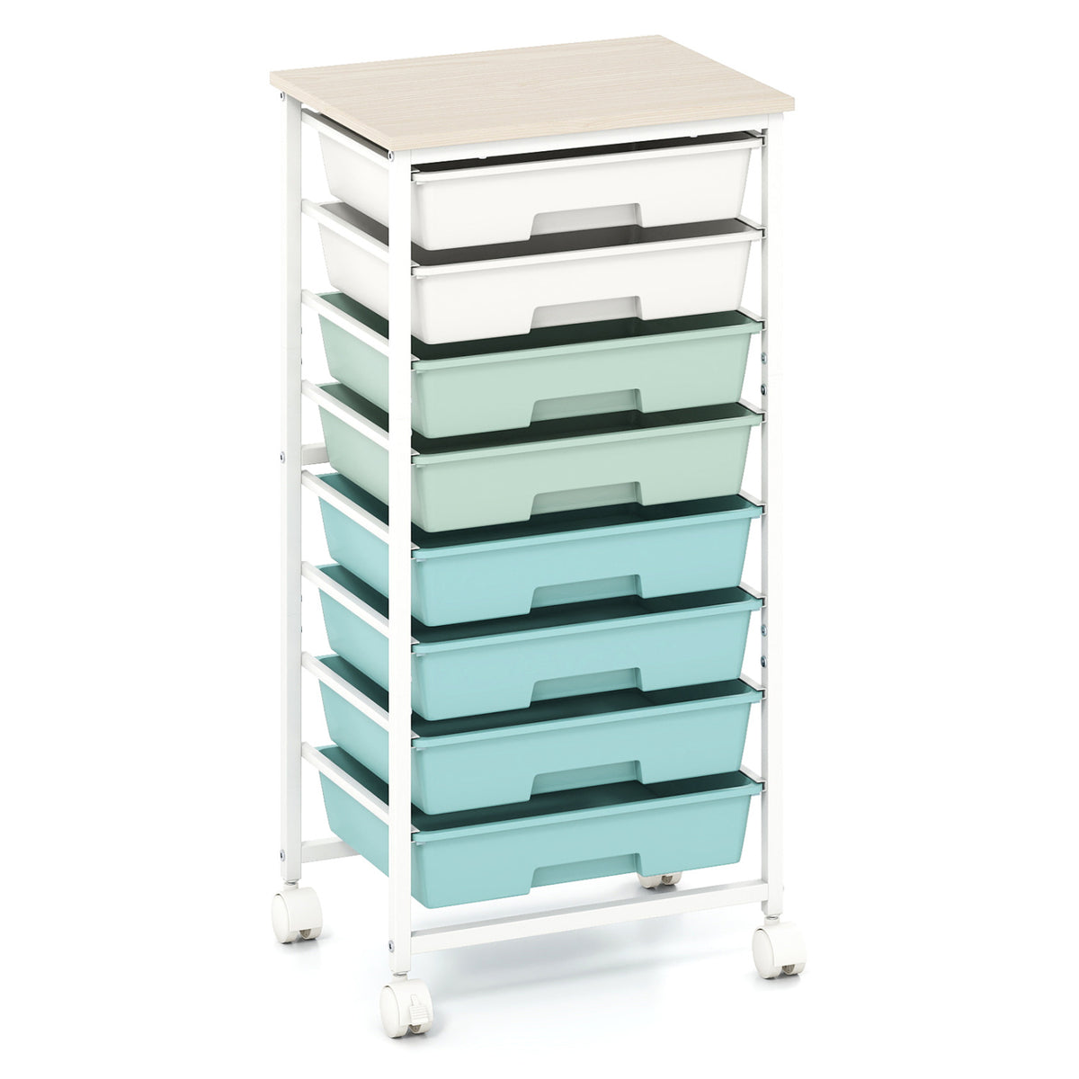 Rolling Cart with 8 Drawers and Wooden Tabletop with Lockable Wheels for Home Office-Green Gradient + Natural