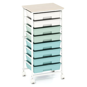 Rolling Cart with 8 Drawers and Wooden Tabletop with Lockable Wheels for Home Office-Green Gradient + Natural