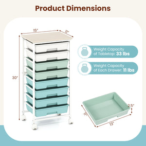 Rolling Cart with 8 Drawers and Wooden Tabletop with Lockable Wheels for Home Office-Green Gradient + Natural