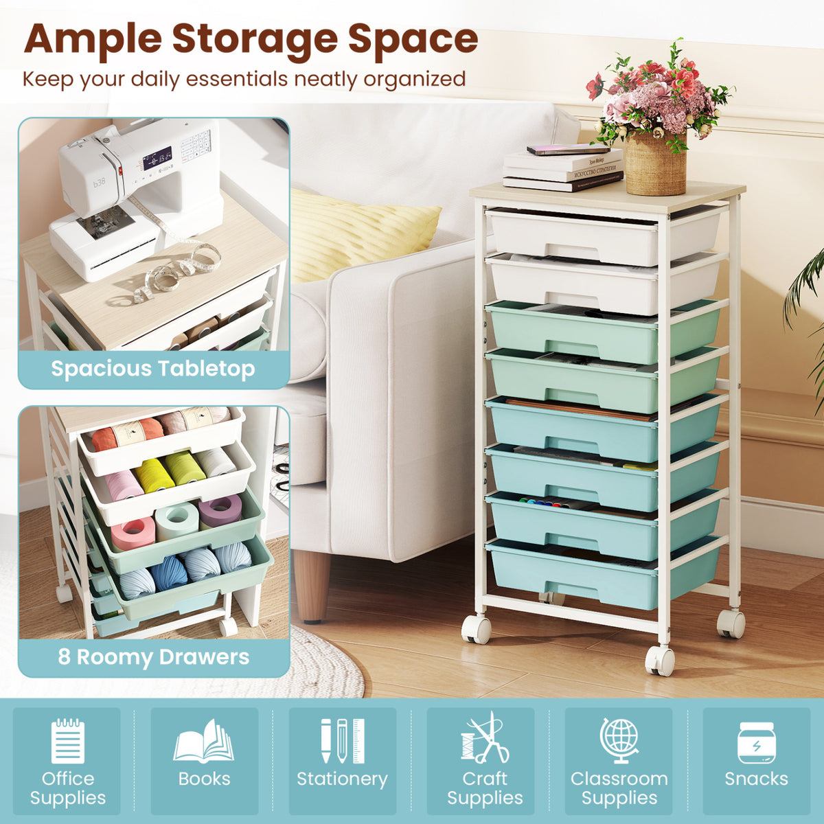 Rolling Cart with 8 Drawers and Wooden Tabletop with Lockable Wheels for Home Office-Green Gradient + Natural