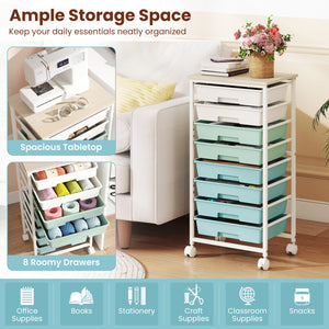 Rolling Cart with 8 Drawers and Wooden Tabletop with Lockable Wheels for Home Office-Green Gradient + Natural