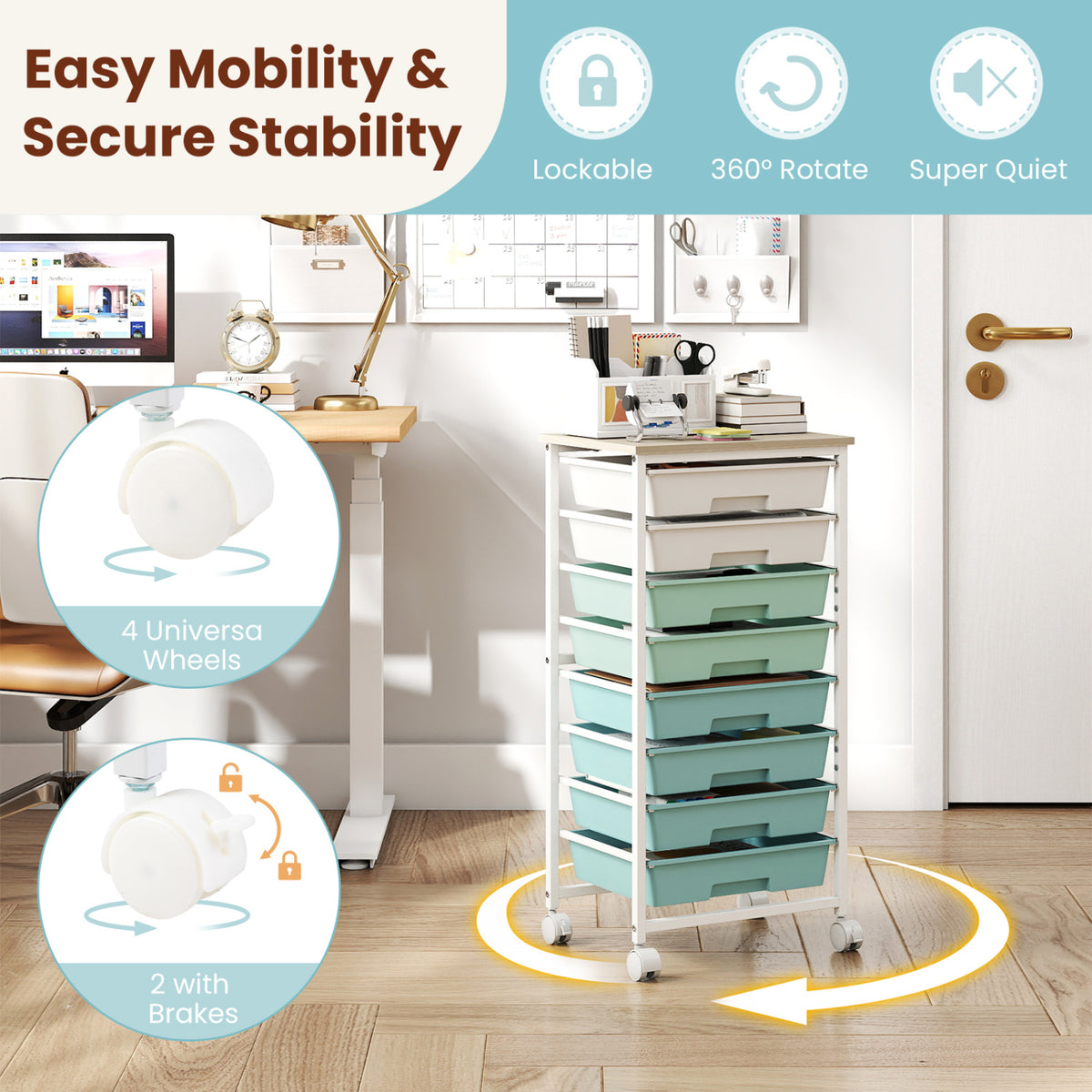 Rolling Cart with 8 Drawers and Wooden Tabletop with Lockable Wheels for Home Office-Green Gradient + Natural