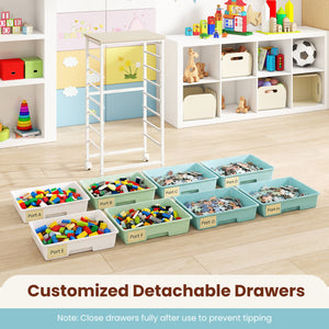 Rolling Cart with 8 Drawers and Wooden Tabletop with Lockable Wheels for Home Office-Green Gradient + Natural