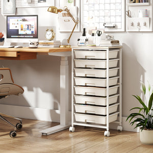 Rolling Cart with 8 Drawers and Wooden Tabletop with Lockable Wheels for Home Office-White + Natural