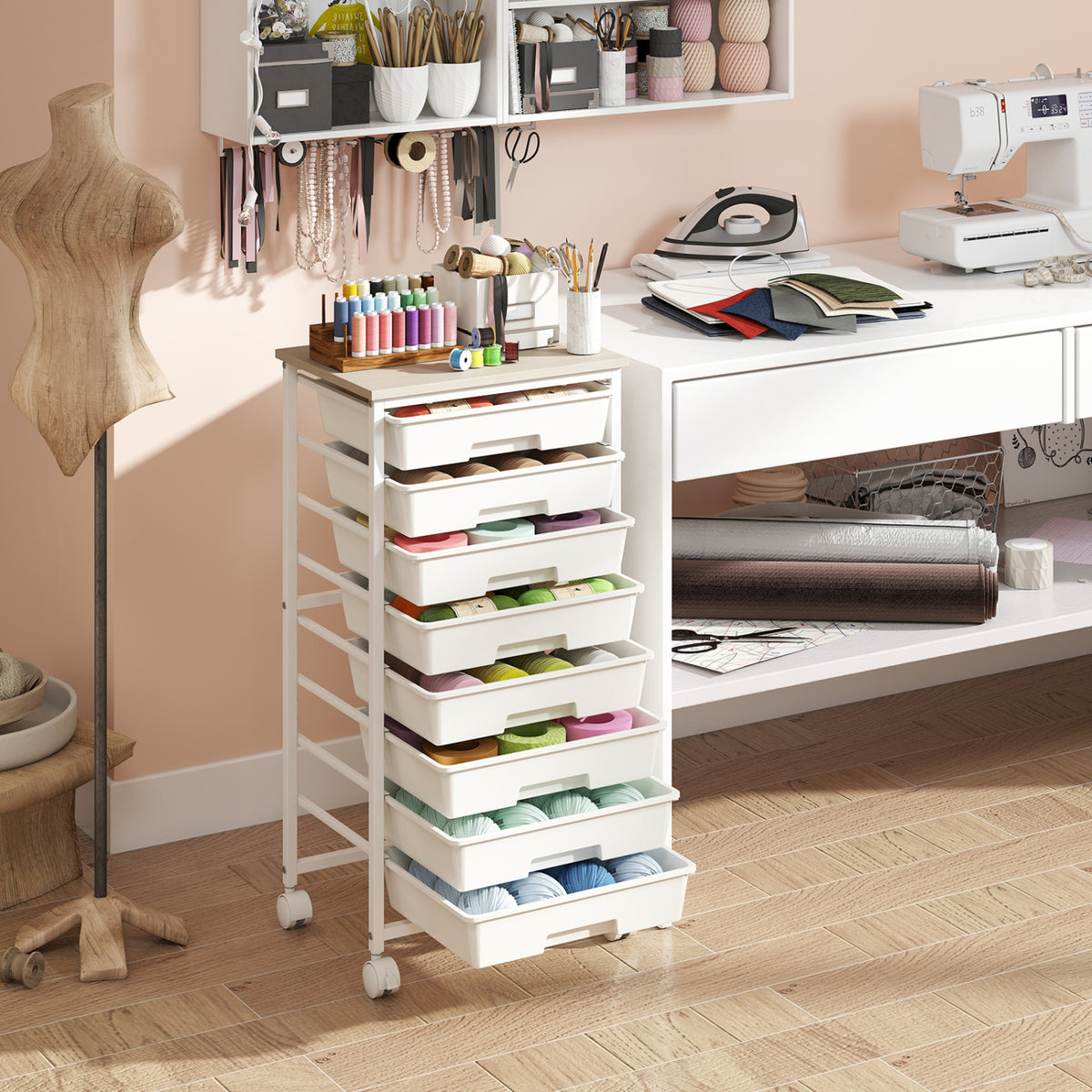 Rolling Cart with 8 Drawers and Wooden Tabletop with Lockable Wheels for Home Office-White + Natural