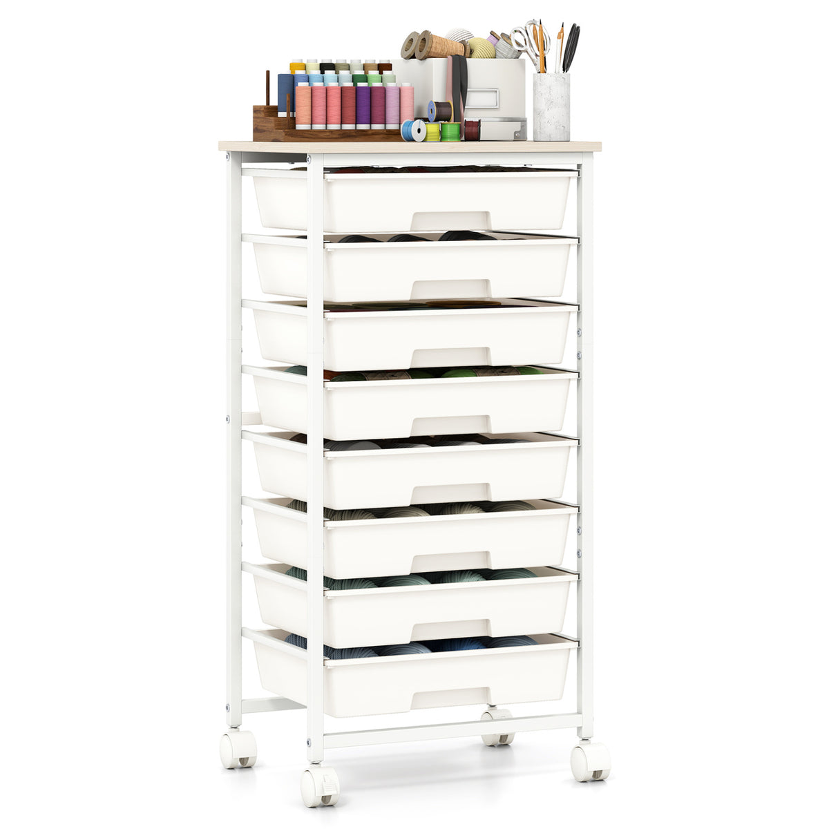 Rolling Cart with 8 Drawers and Wooden Tabletop with Lockable Wheels for Home Office-White + Natural