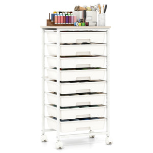 Rolling Cart with 8 Drawers and Wooden Tabletop with Lockable Wheels for Home Office-White + Natural