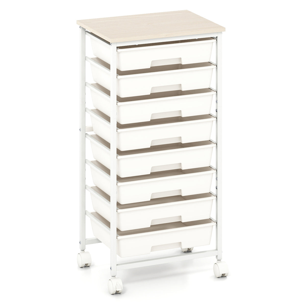 Rolling Cart with 8 Drawers and Wooden Tabletop with Lockable Wheels for Home Office-White + Natural