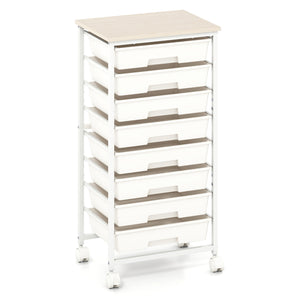 Rolling Cart with 8 Drawers and Wooden Tabletop with Lockable Wheels for Home Office-White + Natural