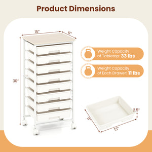 Rolling Cart with 8 Drawers and Wooden Tabletop with Lockable Wheels for Home Office-White + Natural