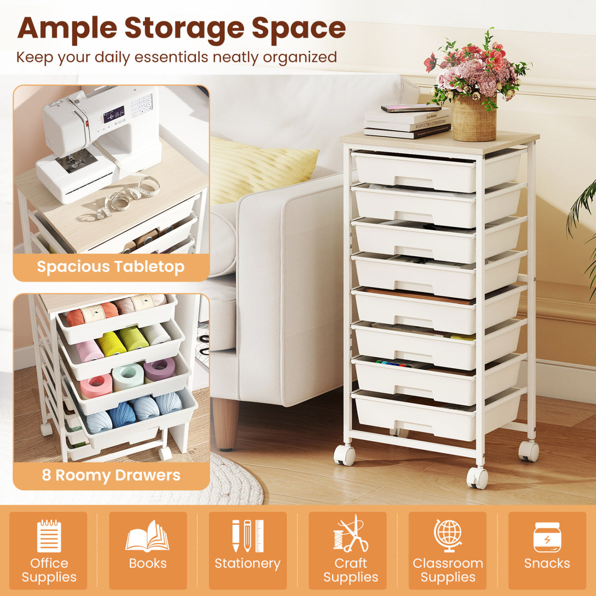 Rolling Cart with 8 Drawers and Wooden Tabletop with Lockable Wheels for Home Office-White + Natural