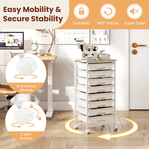 Rolling Cart with 8 Drawers and Wooden Tabletop with Lockable Wheels for Home Office-White + Natural