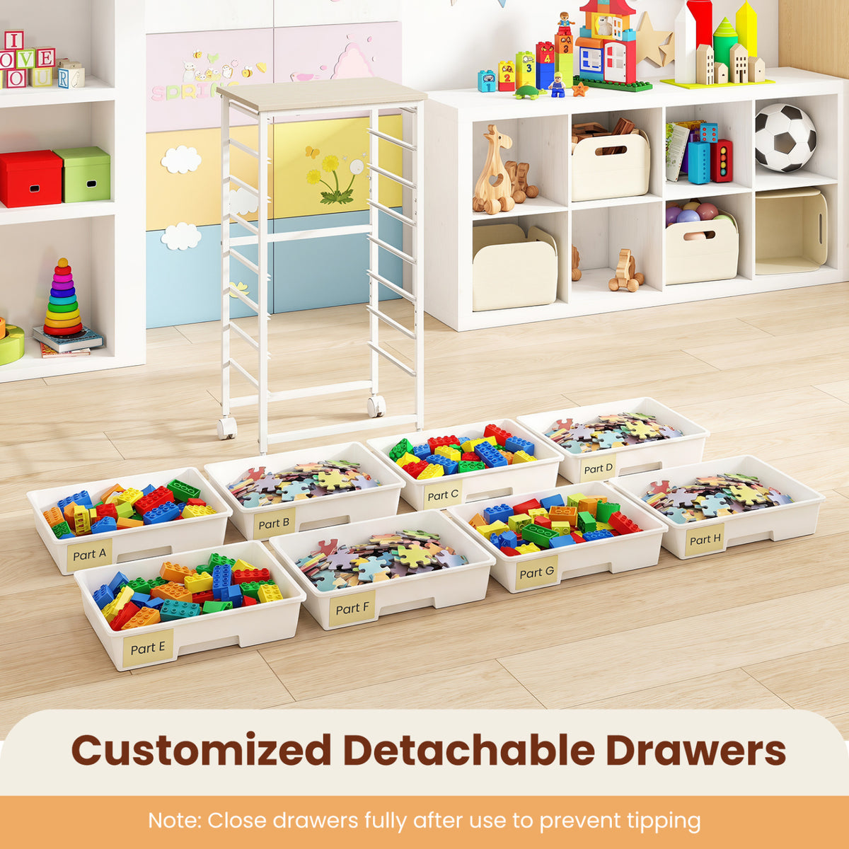 Rolling Cart with 8 Drawers and Wooden Tabletop with Lockable Wheels for Home Office-White + Natural