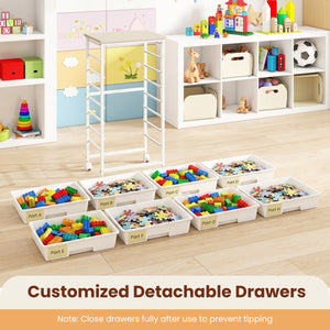 Rolling Cart with 8 Drawers and Wooden Tabletop with Lockable Wheels for Home Office-White + Natural