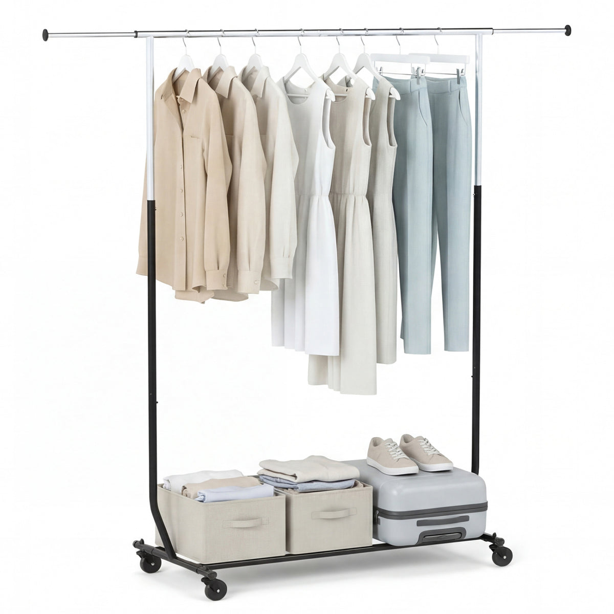 Rolling Clothes Rack Extendable Garment Stand for Hanging Clothes